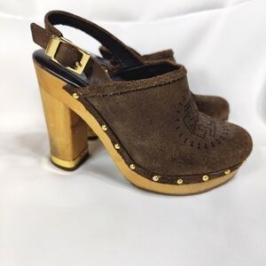 TORY BURCH Brayden Brown Suede Block Heel Slingback Clog Women's Shoe Size 6M